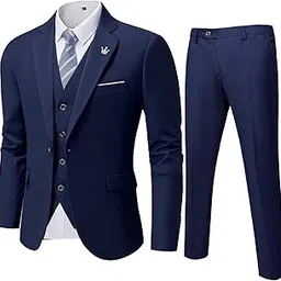 my's Men's 3 Piece Suit Blazer Slim Fit One Button Notch Lapel Dress Business Wedding Party Jacket Vest Pants & Tie Set Deep Blue, S, 5'7-5'10, 140-160lbs image 1