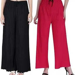 Women's Wide Leg Pack 2 Palazzo Pants with Drawstring Waist | High Waist Casual Lounge Trousers | Lightweight Relaxed Fit Travel & Yoga Bottoms | Summer Boho Beachwear-image-0