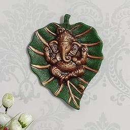 eCraftIndia Metal Brown Lord Ganesha Idol On Green Leaf Ganesha Wall Hanging Decorative Showpiece for Wall Decor- Diwali Decoration Items for Home Decor- Gift for Diwali Ganesh Chaturthi Housewarming-picture-18