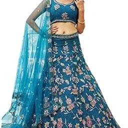 Woman's Fantastic Blue Embroidered Net Bridesmaid Lehenga Choli With Dupatta-image-68