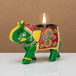 JH Gallery Home Decor Handcrafted and Hand-Painted Colorful Wooden Elephant Tea Light Holder (4 Inches, Green, Pack of 1) image 1