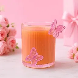 FUNKYFINDS Cute 3D Pink Butterfly Embossed Ribbed Glass 300ml Adorable Tea Cup, Iced Coffee Glasses with Butterfly Decoration, Striped Drink Glassware for Coffee, Beverage, Juice, Cocktail-image-96