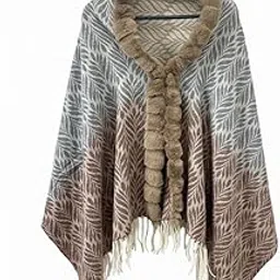 capznmore Women's Elegant Faux Fur Trim Poncho Cape Cozy Wrap for Layering and Style Versatile Knitted Shawl with Tassel-picture-40