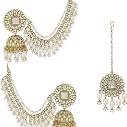unfoldself Traditional Gold-Plated Pearl Jhumka Earrings, Mirror Work with Chain, Vintage Style for Women & for Girls-picture-10