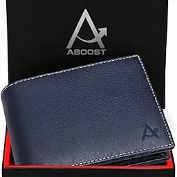 aboost Premium Genuine Leather Men's Bifold Wallet, Navy Blue with White Stitching, RFID Protected, Multiple Card Slots, Currency Compartments, Gift Box Included-picture-27