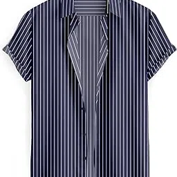 Men's Short Sleeve Pinstripe Button Down Shirt, Navy Blue and White, Casual Style-picture-29