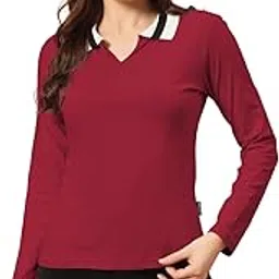 the dry state Women Basic Fit Full Sleeve T-Shirt with Striped Collar – Size L, Cherry Red-picture-12