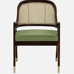OGH | Wooden Rattan Arm Chair for Dining Living Room Walnut Finish Solid Wood Armchair for Living Room Bedroom and Hallway (Green)-picture-33