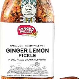 LANGHA VALLEY Homemade Ginger Lemon Pickle, Adrak Nimbu ka Achar | Preservative free Pickle made with Cold Pressed Organic Mustard Oil | Glass Jar with Wooden Spoon, 380 Grams-picture-23