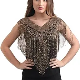 jedco Women's Net Cape, V-Neck Poncho with Beaded Embroidery, Sleeveless, Black and Gold-picture-34