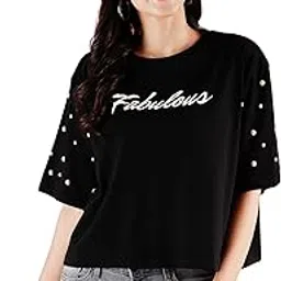 globus Women Cotton Regular Fit Studded & Typography Printed Boxy T-Shirt-picture-19