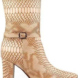 bxxy Women 9 Cm Block Heel Height Buckle Detail Snakeskin Boots And Casual Mid-Calf Dressy Boots-picture-18