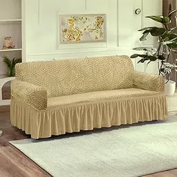 Cortina 100% Jacquard Sofa Cover | Highly Elastic Cover | Stretchable Universal Sofa Slipcover for Dining Drawing Room | Two Seater Sofa Cover | Beige-picture-32
