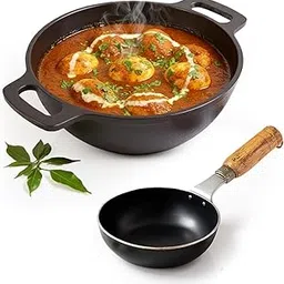 Bluevel Combo Cookware Set Cast Iron Kadai(25 Cm/2.5 LTR) + Iron Tadka Pan with Wooden Handle(13 Cm) |Kitchen Induction Cookware Combo Set for Cooking & Frying-Black-picture-13