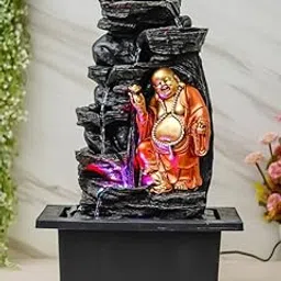 CHRONIKLE Golden Brown Polyresin Tabletop Laughing Buddha 6 Step Indoor Water Fountain for Home Decor with LED, Speed Control Pump (Size: 37 x 28 x 57 CM | Weight: 3260Gram)-image-8