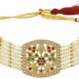 febtech Traditional Kundan Choker Necklace with Pearl Beads, Adjustable Thread Closure, Gold-Tone Floral Design, Ethnic Bridal Jewelry for Women and Girls image 1