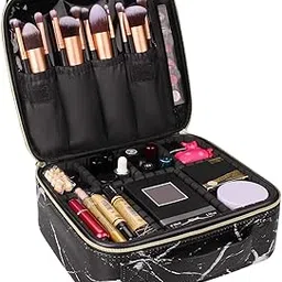 Professional Nylon Cosmetic Makeup Kit Storage Organizer Travel Toiletry Bag, Make Up Bag PVC Waterproof Zippered Cosmetic Bag Vanity Bag with Adjustable Compartment (Black Marble)-picture-32