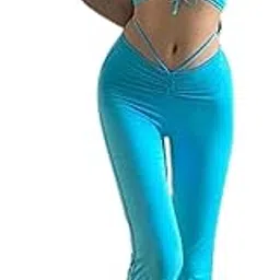 quecy Women's Polyester Slim Fit Sexy Solid Spaghetti Strap Lace Up Pant Outfits Set of 2 (Blue,S)-picture-31