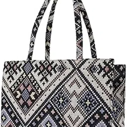 PRIMAH Geometric Pattern Tote Bag, Black and White Diamond Design, Casual Shopping Handbag-picture-16