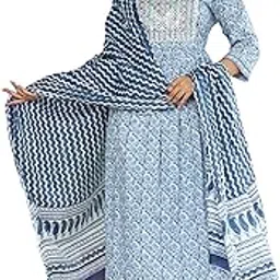 art&shades Traditional Block Print Cotton Salwar Kameez Set, Blue Floral Pattern with Embroidered Yoke, 3-Piece with Chevron Dupatta-picture-46