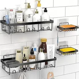 SaleOn Set of 4 Bathroom Shelf | 2 Shower Caddy & 2 Soap Holder | Wall Mounted Bathroom Rack with Hooks | Self Adhesive Mild Steel Shampoo Organizer | Black Bathroom Accessories Shelf-picture-41