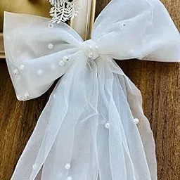 Shidara Hair Bow For Women/Girls 1 Pcs Bridal Pearl Hair Bow Veil Bridesmaid Large Bow Wedding Veil with Barrette Bachelorette Party Decorations Bridal Bridesmaid Gift (White)-image-15