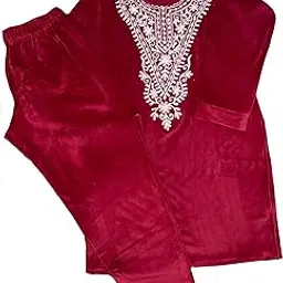 Women's Velvet Embroidered coord Set, blood Red with White Floral Design,super soft velvet,Aari work-picture-61