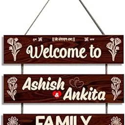 LEPPO Welcome To Family Personalised Wooden Wall Hanging Name Plate for Entrance Door, Wall, Room, Home Decoration Showpiece Dl220 (10.5 X 11 inch) (Wood I Cream)-image-28
