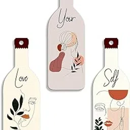 Love Your Self Wall Art – Set of 3 Wine Bottle Shaped Decorative Pieces Abstract Face & Botanical Design MDF Laminated Wood Modern Minimalist Home Decor for Living Room, Bedroom, Office,Design wall Hanging,shining image 1