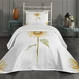 Ambesonne Sunflower Coverlet, Sunflowers with Watercolor Painting Effect and in Minimalistic Design Artwork, 2 Piece Decorative Quilted Bedspread Set with 1 Pillow Sham, Twin Size, Yellow Green-picture-31