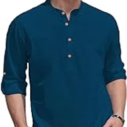crowntail Men Pure Cotton Slim Fit Full Sleeve Short Kurta | Super Soft Stylish Royal Blue Color Kurta for Any Occasions. (KBTNBTN34,S)-picture-41