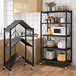 ZEUS Foldable Kitchen Storage Rack Heavy Duty Space Saving multipurpose Metal Stand with Caster Wheels| Crockery Unit| Multifunctional Movable Microwave Stand Trolley| Foldable Indoor Outdoor (3 TIRE)-image-25