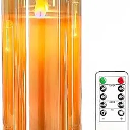 LED Glass Cup Pillar Candle | Real Wax | Flameless Electric Candles with Flickering Faux Wick | Amber Color Glass | Battery Powered with Remote Controller for Home Decor (H-6" x D-3")-image-21