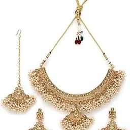 sukkhi Ethnic Gold Plated Gold Kundan & Beads Copper Collar Bone Necklace Set With Earring And Maangtika | Jewellery Set For Women (NS105720)-picture-33