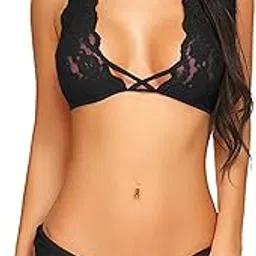 xs and os Women Cross Style Lace Bra Panty Lingerie Set (1. Black, Free Size)-picture-33