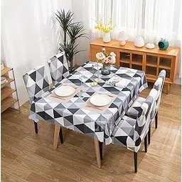 House of Quirk Polyvinyl Chloride Dining Chair Cover with Table Covers for Kitchen Waterproof Dining Table Cloth (Black Triangle, 1 Table Cover + 4 Chair Cover), Square-picture-24
