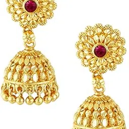 meenaz Traditional Temple Jewellery 18k One Gram Gold Ethnic Brass Stylish South Indian Screw Back Studs Round Ruby Jhumkas Set Jhumka Earrings For Women girls Ladies Latest -GOLD JHUMKI-M150-picture-28