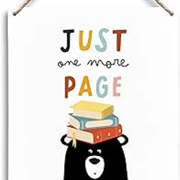 FUGWN Just One More Page Reading Black Bear Hanging Wooden Signs 8x10, Reading Nook Inspirational Classroom Playroom Nursery Wall Decor, Reading Corner Decor Gifts for Book Lovers Kids Girls Boys-picture-15