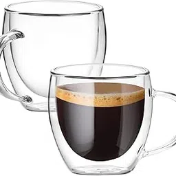 BHTHIM - Double Wall Glass Coffee Mugs Set - Double Walled Glass Cups for Hot & Cold Tea Coffee Milk Juice Espresso Cappuccino Cafe Latte Iced Coffee - Microwave Safe (250ML Mug, 2 Pieces)-picture-25