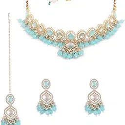 zaveri pearls Turquoise Blue Austrian Diamonds Artificial Stones & Beads Bridal Necklace Earring & Maangtikka Set For Women-ZPFK16919-picture-50