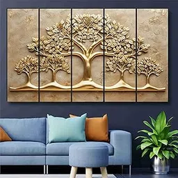 Livin'luxe Golden Tree of Life Wall Art | 5 Panel Textured Wall Art Painting | Luxury Gold Embossed Family Tree Design for Living Room, Hallway, Office, Housewarming Gift (50 x 30 Inch) XL-35439 image 1