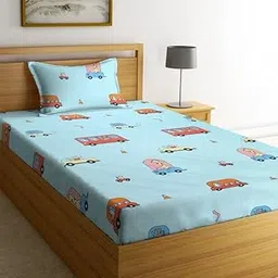 NHD HOME Super Soft Breathable Skin Friendly 180 Tc Animal Design Printed for Kids Room Single Bedsheet with 1 Pillow Cover-(Color- Sky Blue, 152 x 228 cm)-image-0