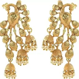 gift nest Giftnest Traditional Pearl Peacock Jhumkas Diamond, Pearl Alloy Jhumki Earring (Yellow)-picture-12