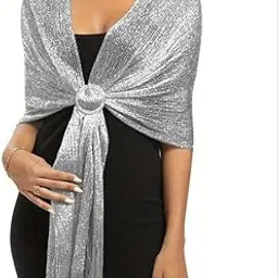 sannidhi Evening Shawl for Women Elegant Silver Metallic Shawl with Fringe & Buckle, Lightweight Sparkling Wrap for Formal Events, Weddings, and Party Outfits-picture-28