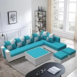 FURNY- Siyara 8 Seater Fabric RHS L Shape Sofa Set with 1 Centre Table & 2 Puffy (Blue-Light Grey)-picture-14