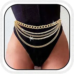 1 Pcs Premium Rhinestone Waist Chain Layered Metal Belt Crystal Belly Body Chain for Women (gold)-image-4