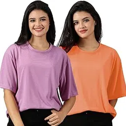 rodzen Oversized Baggy Fit Half Sleeves Round Neck Solid Cotton Blend Combo T-Shirt for Women (Pack of 2)-picture-12
