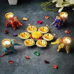 Dreamica Golden Metal Handcrafted 6 Inch Decorative Urli Bowl with 6 Diyas, 4 Tealight Candle Holders & Tealight Candles | Urli for Home Decor, Floating Flowers, Diwali Decoration & Gifting (T7)-picture-13