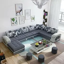 Caradel Fabric Orions U Shape Sofa Set 12 Seater for Living Room (Dark Grey & Light Grey) | Modular Sofa Set 12 Seater Couch | 12 Seater Sofa with Ottoman 4 Puffy image 1
