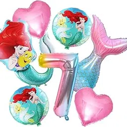FI - FLICK IN 7 Pcs Mermaid Foil Balloons for 7th Birthday Decoration - Girls Theme Party Supplies With Tail and Rainbow Number 7 (Pack of 7, Multi)-image-38